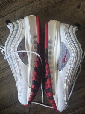 Nike Air Max 97 White Varsity Red sneakers.